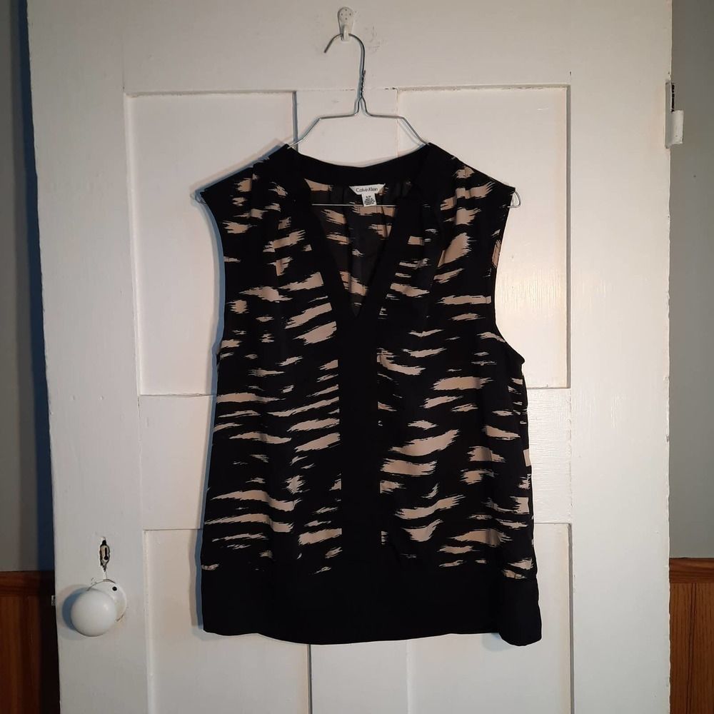 CALVIN KLIEN Black Tan Sleeveless Graphic Print Tank Blouse SMALL